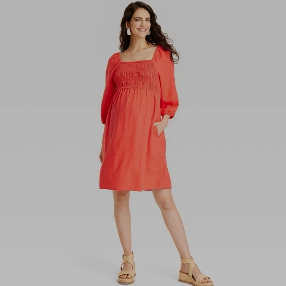 Isabel Maternity by Ingrid & Isabel Coral Puff-Sleeve Smocked Maternity Dress
